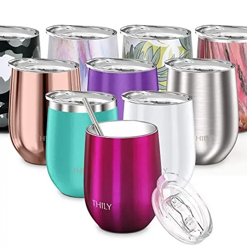 Produktbild: THILY Vakuumisolierter Weinbecher ohne Stiel, Edelstahl, Weinglas mit Deckel und Strohhalm, wiederverwendbar, hält Getränke heiß oder kalt, für Frauen, Ehefrau, Magenta