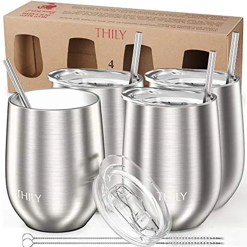 Produktbild: THILY Weingläser aus Metall, isoliert, ohne Stiel, 4 Stück, Edelstahl, Weingläser mit Deckel und Strohhalm, Reisebecher, wiederverwendbar, hält kalt und heiß für Wein, Kaffee, Getränke, silberfarben