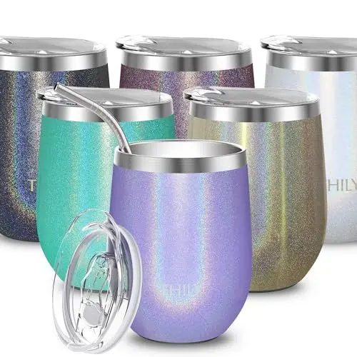 Produktbild: THILY Weinglas aus Edelstahl, isoliert, ohne Stiel, Reise-Weinglas, Kaffeetasse mit Schiebedeckel und wiederverwendbarem Strohhalm, Geschenk für Frauen und Brautjungfern, Glitzer-Lavendel