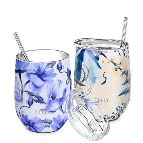 Produktbild: THILY Weinglas aus Edelstahl, isoliert, ohne Stiel, mit Schiebedeckel und Strohhalm, hält Kaffee oder Cocktails kalt, süße Geschenke für Frauen, 2 Stück (Iridaceae+Orchidee)