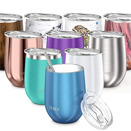Produktbild: THILY Weinglas mit Deckel und Strohhalm, isoliert, 340 ml, dreifach wandig, isoliert, Edelstahl, hält kalt oder heiß für Wein, Kaffee, Cocktails und Getränke 12 oz Sparkle Blue
