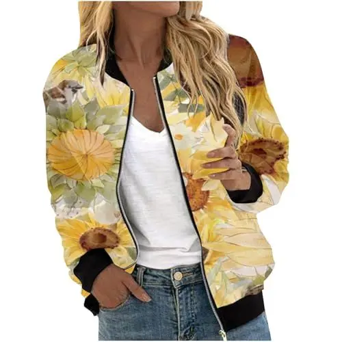 Produktbild: Damen Bomberjacke Kurze Blumenmuster Bluson-Damen Jacke mit Reißverschluss Herbst Frühling Jacket Übergangsjacke Damen Sommer Casual Pilotenjacke Langarm Outwear Pilotenjacke Bomberjacke