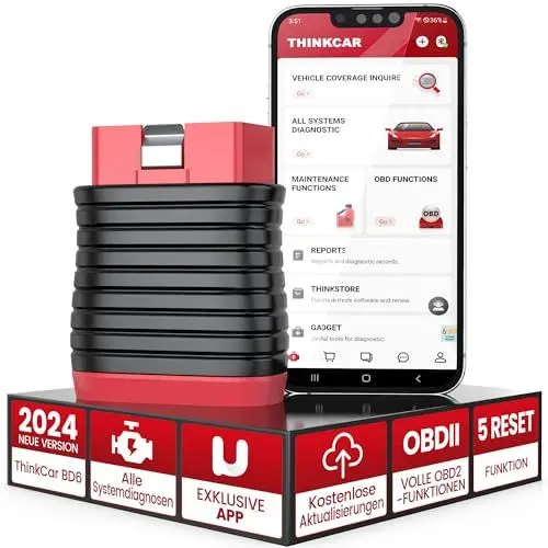Produktbild: thinkcar OBD2 Bluetooth Adapter, BD6 OBD2 Diagnosegerät Mit Alle Systemdiagnosen + 5 Servicefunktionen(Bleed, Brake, Öllampen, IMMO, ETS), Diagnosegerät Auto Für iOS & Android Exklusive APP