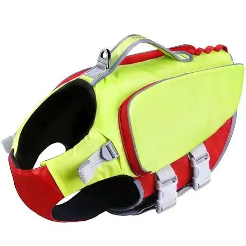 Produktbild: ThinkPet Rettungsweste Hundegeschirr Rettungsweste für kleine mittlere große Hunde Reflektierende Weste Jacke für hohen Auftrieb Einstellbare Schwimmweste mit Rettungsgriff XX-Large Grün Rot