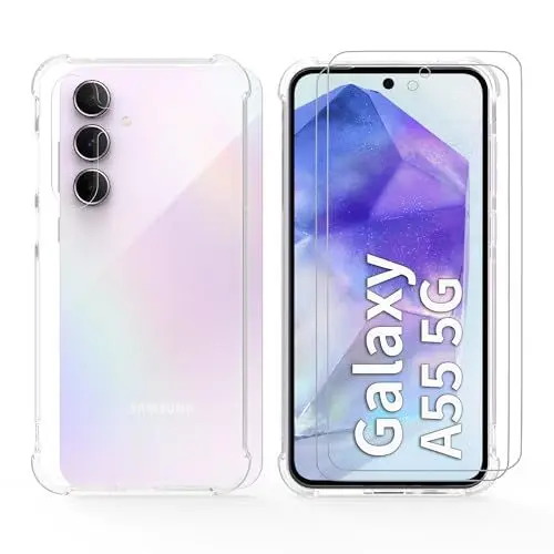 Produktbild: THIYUFUNS Hülle für Samsung Galaxy A55 5G Schutzhülle mit 2 Stück Schutzfolie, Dünne Weiche TPU Silikon Transparent Stoßfest Kratzfest Handyhülle Case Cover für Samsung Galaxy A55 5G (6.6