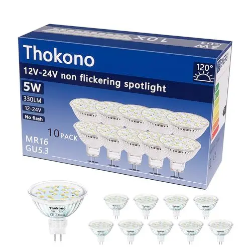Produktbild: Thokono MR16 GU5.3 LED Warmweiss 2700K, 5W Ersetzt 20W Halogenlampen Glühlampen, 330Lm, AC/DC 12V-24V Flimmerfrei Strahler, Nicht-Dimmbar 120° Abstrahlwinkel 10 Pack