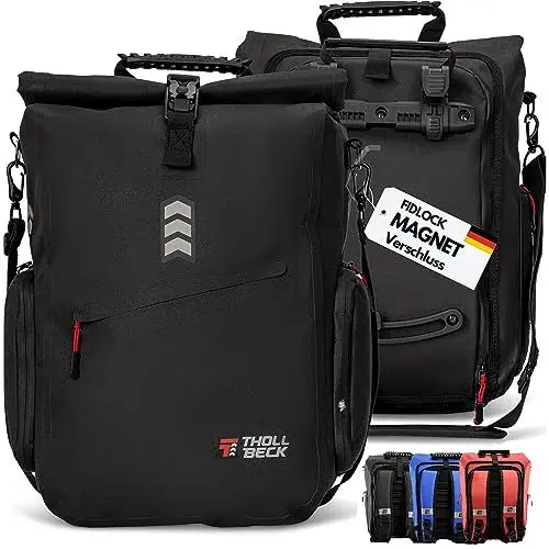 Produktbild: THOLLBECK Impuls 3 in 1 Fahrradtasche & Fahrradrucksack mit MAGNETVERSCHLUSS (23-27l) - wasserdicht für Gepäckträger bei Fahrrad & E Bike -Mountainbike Rucksack Herren & Damen mit Laptopfach (Schwarz)