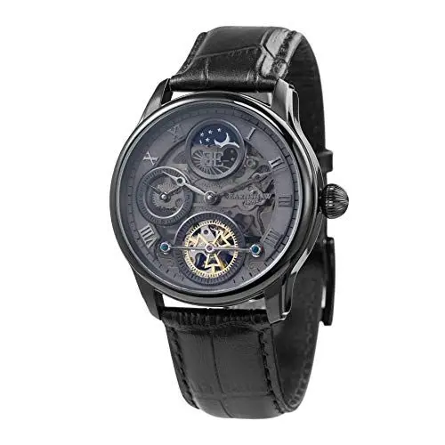 Produktbild: Thomas Earnshaw Longitude Shadow ES-8063-03 Herren-Armbanduhr mit Automatikgetriebe, graues Zifferblatt mit Skelett-Anzeige, schwarzes Lederarmband