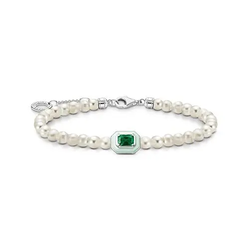 Produktbild: Thomas Sabo Damen Armband mit weißen Perlen und grünem Stein, 925 Sterlingsilber, Kaltemail, Länge: 16-19 cm, A2096-082-6-L19v