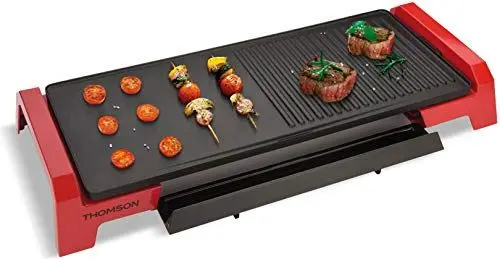 Produktbild: THOMSON 2-in-1 Tischgrill elektrisch (60 x 25 cm) - Elektrogrill für Balkon, Garten, Indoor, Plancha Grill & extra Grillfläche mit Auffangbehälter & Griffen, THPL960G, schwarz/rot