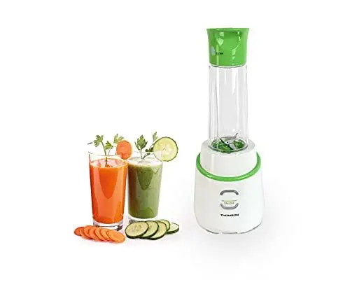 Produktbild: THOMSON Vakuum-Mixer 4 Klingen, sternförmige Klingen, Smoothie Mixer mit 600 ml 2 in 1 Flasche, Smoothie Maker 22.000 rpm, 250 Watt Motor, Spülmaschinen geeignet, weiß/grün