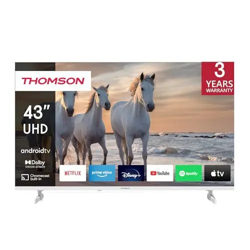 Produktbild: Thomson 43 Zoll (109 cm) UHD Weiß Fernseher Smart Android TV (WLAN, HDR, Triple Tuner DVB-C/S2/T2, Sprachsteuerung, Netflix, YouTube, Prime Video, Disney+) – 43UA5S13W-2023…