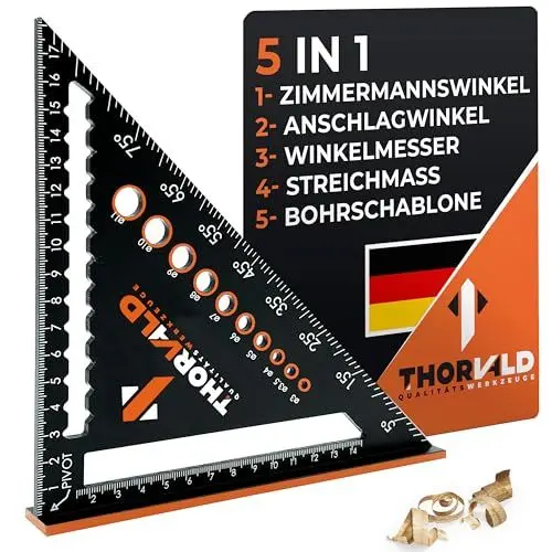 Produktbild: THORVALD Zimmermannswinkel 5-in-1 - Winkelmesser Anschlagwinkel - Aluminiumwinkel mit 180 mm Schenkellänge zum präzisen Anreißen & Zeichnen/Multifunktional Perfekt um Zeit zu sparen