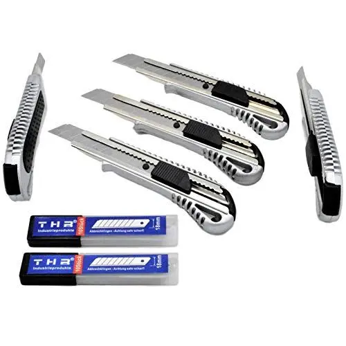 Produktbild: THR Industrieprodukte 5 Stück Alu Profi Cuttermesser THR Druckguss Teppichmesser 18mm Abbrechklinge Mehrzweck Messer + 20 Klingen, Gummi