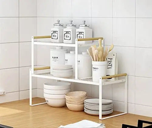 Produktbild: Thrarise 2er-Set Küchenregal, Gewürzregale, Eisen und Holzgriff, geeignet für Zuhause,Küche und küchenschrank organizer, regaleinsatz，Weiß(35 x 21 x 20)+(53 x 21 x 20)