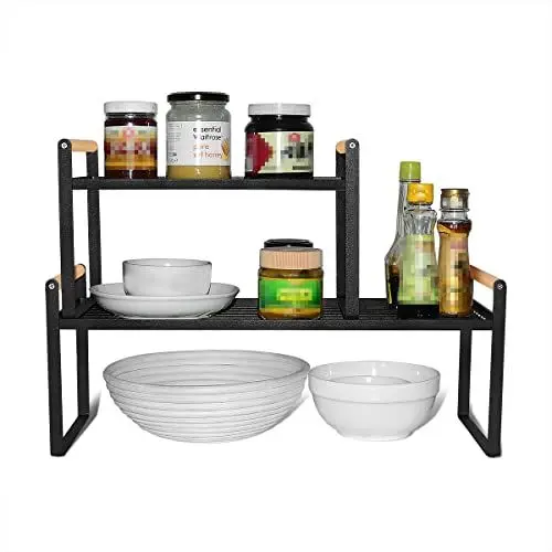 Produktbild: Thrarise 2er-Set Küchenregal, Gewürzregale, Eisen und Holzgriff, geeignet für Zuhause,Küche und küchenschrank organizer, regaleinsatz，Schwarz(35 x 21 x 20)+(53 x 21 x 20)