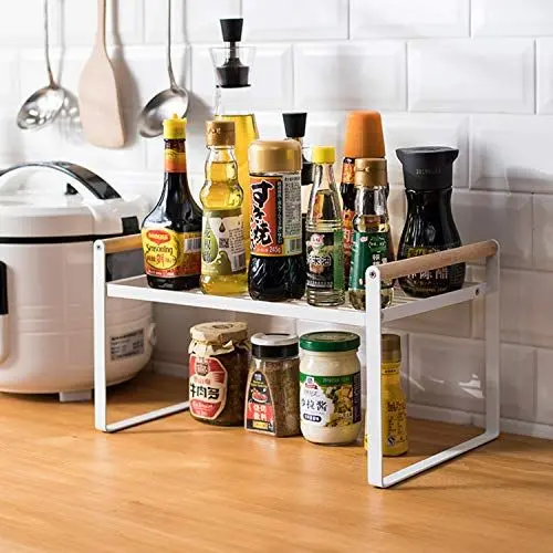 Produktbild: Thrarise Küchenregal Organizer, Gewürzregale,Regaleinsatz， Eisen und Holzgriff, geeignet für Zuhause und Küche, weiß (35 x 21 x 20)