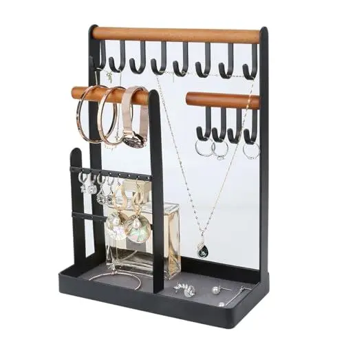 Produktbild: Thrarise Schmuckständer, Halskettenständer mit Tablett, zur Aufbewahrung von Halsketten, Armbändern, Ringen, Uhren, Schmuck aller Art, Eisenständer und Holzstäben,Schwarz