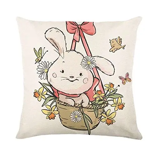 Produktbild: TianWlio Frohe Ostern Kissenbezug Dekorativ Kissenbezüge Startseite Ostern Kissenbezug Kreativer rosa gestreifter Osterhase Kissenhülle Hase Kissenbezüge Häschen (D One Size)