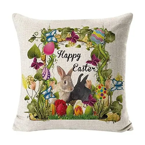 Produktbild: TianWlio Frühling Zierkissenbezug Couch Wohnzimmer Deko Ostern Kissen Frohe Ostern Weihnachtshasen Kissenbezug Kissenbezüge Frühling Hase Blumen Dekorative (D One Size)