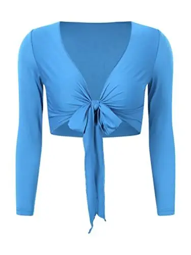 Produktbild: TiaoBug Damen Bauchtanz Kostüm Oberteil Langarm Spitzen Trompetenärmel Jäckchen Binden Top Knoten Shirts Bluse mit Münze Quasten Himmelblau G XXL