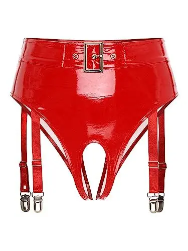 Produktbild: TiaoBug Damen Lack Leder Hot Pants High Waist Ouvert-Slip Bikini Hose Hipster Mini Slip mit Rüschen mit Strumpfhalter Gothic GoGo Outfits Kostüm Rot Brasilien XL