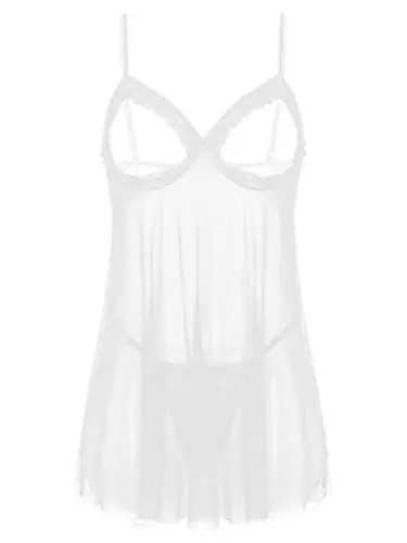 Produktbild: TiaoBug Damen Spitzen Kleid Transparent Minikleid Sommer Babydoll Unterkleid Sexy Nachtwäsche in Schwarz Weiß Weiß Cupless M