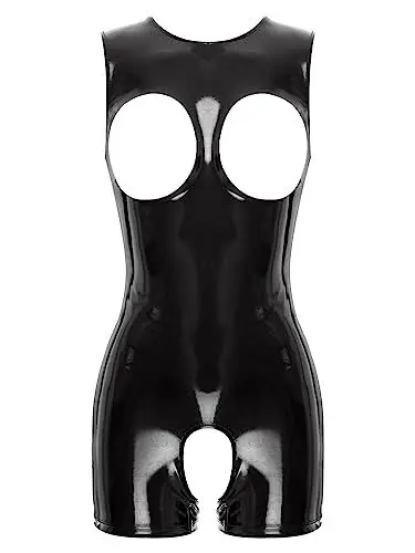 Produktbild: TiaoBug Damen Wetlook Bodysuit Ouvert Hose Kurz Latex Catsuit Lack Leder Overall Jumpsuit Ärmellos Tank Top Hot Pants Sexy Dessous Gogo Clubwear Schwarz G L