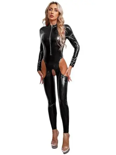 Produktbild: TiaoBug Damen Wetlook Bodysuit Ouvert Hose Latex Catsuit Lack Leder Overall Jumpsuit Langarm Shirt Top Hot Pants Sexy Dessous Gogo Clubwear Schwarz J L