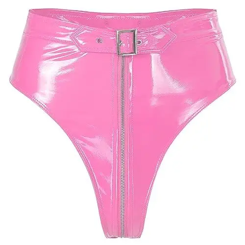 Produktbild: TiaoBug Damen Wetlook Ouvert-Slip String Tanga High Cut Thong High Waist Bikinislip Lack Leder Hipster Glänzend Shorts mit Reisverschluss Gogo Outfits Clubwear Rosa XXL