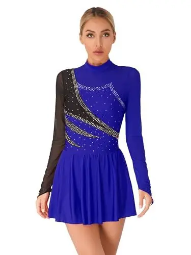 Produktbild: TiaoBug Eiskunstlauf Kleid Damen Eislaufen Rollschuh Kleid Langarm Ballettkleid Tanzkleid Gymnastik Turn Bekleidung gr. S M L XL XXL Königsblau M L