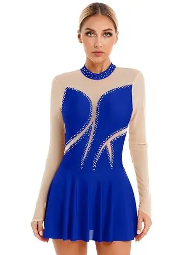 Produktbild: TiaoBug Eiskunstlauf Kleid Damen Eislaufen Rollschuh Kleid Langarm Mesh Glitzer Ballettkleid Tanzkleid Gymnastik Bekleidung gr.S M L XL Königsblau P M