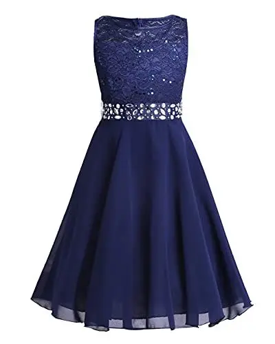 Produktbild: TiaoBug Festlich Mädchen Kleid für Kinder Prinzessin Spitzen Kleider Hochzeit Blumenmädchenkleid 92 104 116 128 140 152 164 Marineblau 128