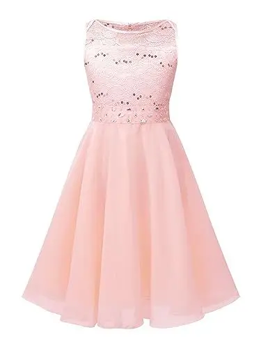 Produktbild: TiaoBug Festlich Mädchen Kleid für Kinder Prinzessin Spitzen Kleider Hochzeit Blumenmädchenkleid 92 104 116 128 140 152 164 Pearl Pink 140