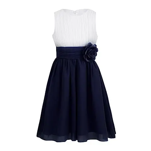 Produktbild: TiaoBug Festliches Mädchen Kleider für Hochzeit Sommer Brautjungfern Blumenmädchen Kinder Chiffon Kleid elegant zweifarbig Partykleid gr. 104-164 Weiß&Dunkelblau 116
