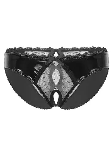 Produktbild: TiaoBug Glänzende Herren Ouvert-Slip Wetlook Sissy Unterwäsche Kunstleder Unterhose mit Penishülle Rüschen Badehose Bikini Slip Tanga Erotik G-String Briefs Schwarz A 4XL