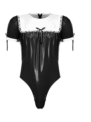 Produktbild: TiaoBug Herren Dienstmädchen Kostüm Sexy Wetlook Stehkragen Hemd Body Gothic Spitzen Rüschen Ouvert Sissy Dessous Lederoptik Reizwäsche Schwarz C M