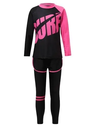 Produktbild: TiaoBug Jungen 3 Teillig Badeanzug Ganzkörper Schwimmanzug mit Sonnenschutz Rashguard Neoprenanzug Lange Ärmel T-Shirt mit Lange Hose Badeshorts Rosa I 134-140