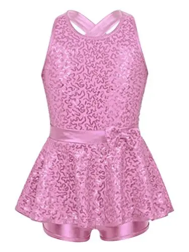 Produktbild: TiaoBug Mädchen Ballettkleider Glänzend Pailletten Ballettanzug Jazz Kleider Ärmellos Rückenfrei Body Ballett Trikot mit Kurze Hose und Rock Tanzkleider Pink 146-152