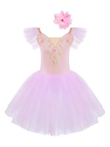 Produktbild: TiaoBug Mädchen Ballettkleidung 3tlg.Set Ballettkleid+Handschuhe+Haarband Kinder Ballettanzug Ballett Trikot Tanz Kostüm Tütü Kleid 104 110 116 122 128 140 152 Rosa M 134-140