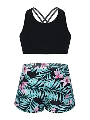 Produktbild: TiaoBug Mädchen Bustier Top und Sport Shorts Kurze Hose im Set Tankini Badeanzug Sportbekleidung gr. 116 128 140 152 164 Schwarz Druck 170-176