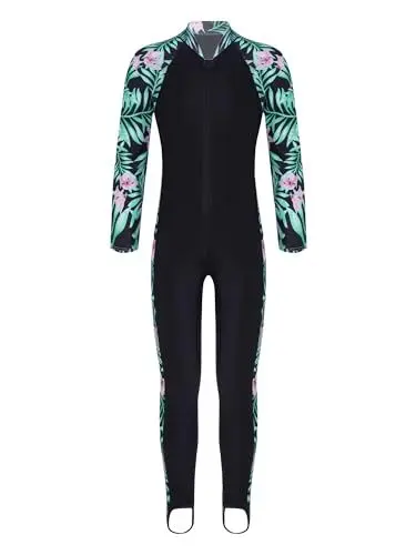 Produktbild: TiaoBug Mädchen Einteiler Badeanzug Ganzkörper Schwimmanzug mit Sonnenschutz Rashguard Neoprenanzug geblümt Lange Ärmel Hose mit Steg Schwarz Palme 122-128