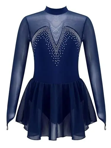 Produktbild: TiaoBug Mädchen Eiskunstlauf Kleid Ballettkleid Ballettanzug Langarm Body Ballett Trikot Turnanzug Eislaufen Bekleidung Wett­be­werb Kostüm gr. 110-164 Navy Blau D 140
