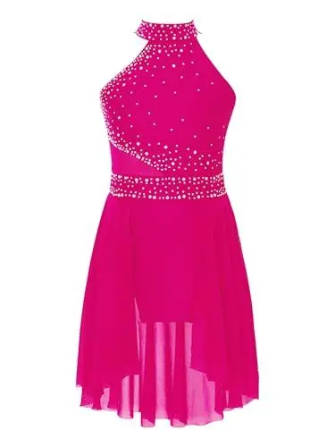 Produktbild: TiaoBug Mädchen Eiskunstlauf Kleid Langarm Ballettkleid Gerafft Tanzkleid mit Glitzer Kinder Turnanzug Gymnastik Leotards Ballett Tutu Mini Skater Rock gr.110-164 Hot Pink J 110-116