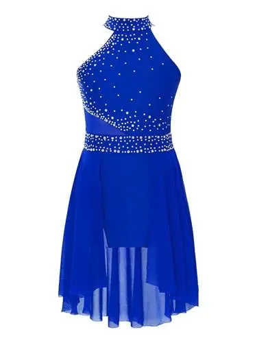Produktbild: TiaoBug Mädchen Eiskunstlauf Kleid Langarm Ballettkleid Gerafft Tanzkleid mit Glitzer Kinder Turnanzug Gymnastik Leotards Ballett Tutu Mini Skater Rock gr.110-164 Königsblau J 122-128