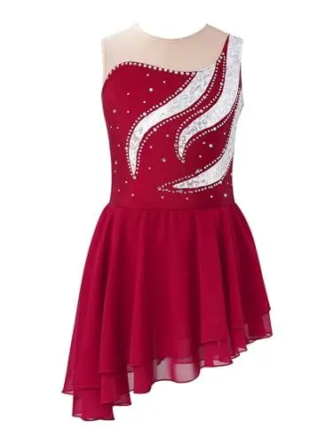 Produktbild: TiaoBug Mädchen Glitzer Eiskunstlauf Kleid Kostüme Ärmellos Ballettkleid Tanzkleid Mesh Spleiß Leotard mit Chiffon Röckchen Ballettkleidung gr.110-176 Burgundy O 134-140