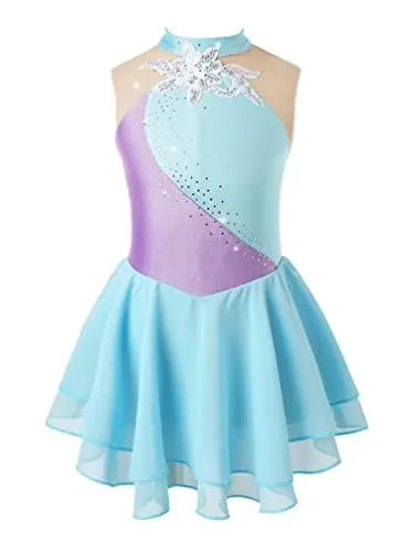 Produktbild: TiaoBug Mädchen Glitzer Eiskunstlauf Kleid Kostüme Ärmellos Ballettkleid Tanzkleid Mesh Spleiß Leotard mit Chiffon Röckchen Ballettkleidung gr.110-176 Hellblau E 134-140