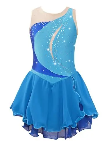 Produktbild: TiaoBug Mädchen Glitzer Eiskunstlauf Kleid Kostüme Ärmellos Ballettkleid Tanzkleid Mesh Spleiß Leotard mit Chiffon Röckchen Ballettkleidung gr.110-176 Hellblau K 170-176