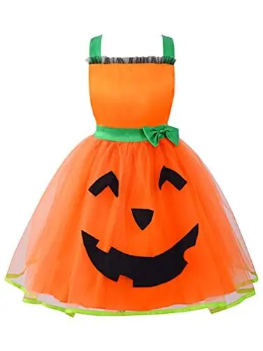 Produktbild: TiaoBug Mädchen Halloween Kostüm Kürbis Kleid Festlich Partykleid Tüllkleid mit Tutu Rock Herbst Outfits Orange 140