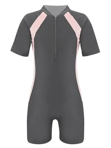 Produktbild: TiaoBug Mädchen Jungen Sport Badeanzug Schwimmanzug mit Reisverschluss Einteiler aus Kurzarm Bade Hemd Shirt und Kurze Hose Rosa C 146-152